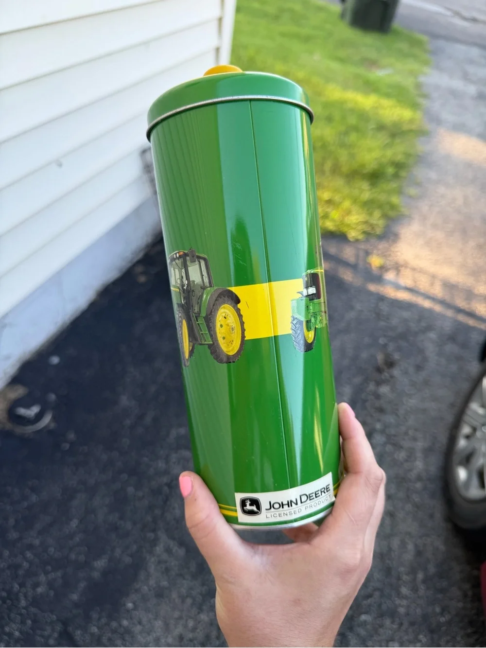 John Deere Green and Yellow Tin Canister with Logo Window
